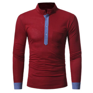 Men’s Brief Stitching Color Cotton Stand Collar Long Sleeve T-shirt