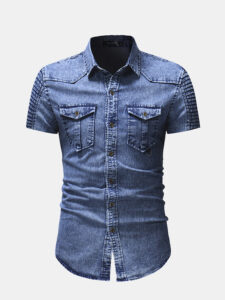 1 466 1 Metal Texture Button Fold Short Sleeve Shirts