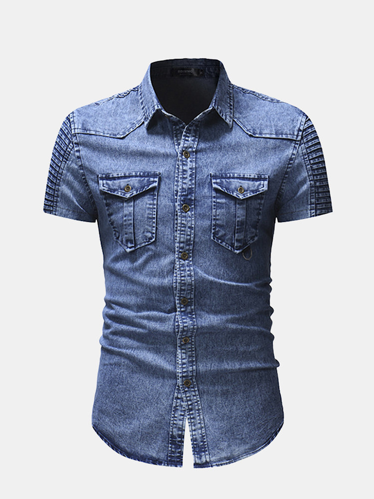 Metal Texture Button Fold Short Sleeve Shirts