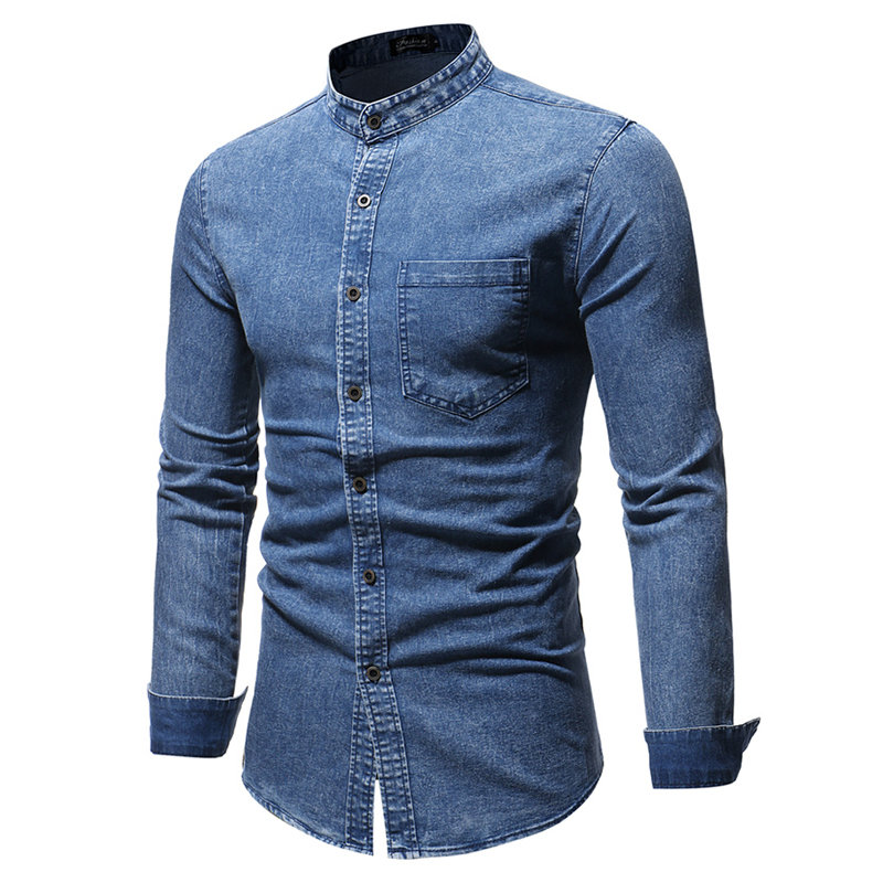 Casual Stand Collar Solid Color Slim Fit Denim Shirts