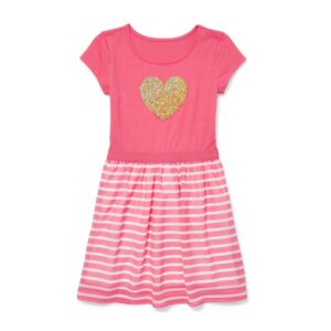 Girl’s Short Sleeve Flip Sequin Heart Striped Dress