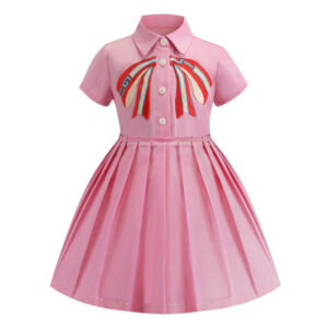 Girl’s Embroidered Lapel Pleated Dress