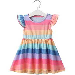 Girl’s Flying Sleeves Colorful Striped Print Casual Dress