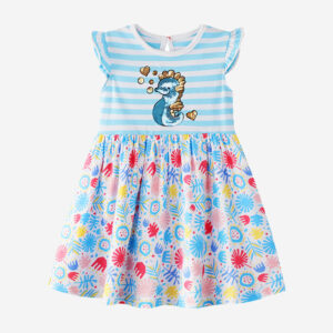 Girl’s Striped Floral Print Flying Sleeves Dress