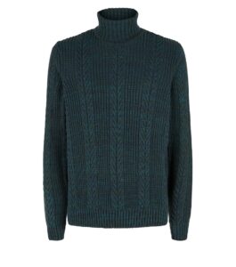 Men’s Dark Green Cable Knit Roll Neck Jumper