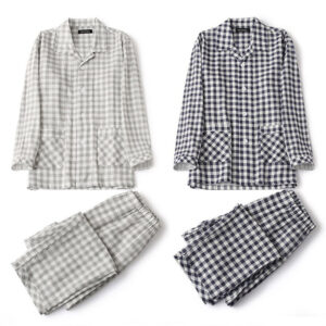 Men’s Lapel Collar Long Sleeve Plaid Design Cotton Pajamas Sets