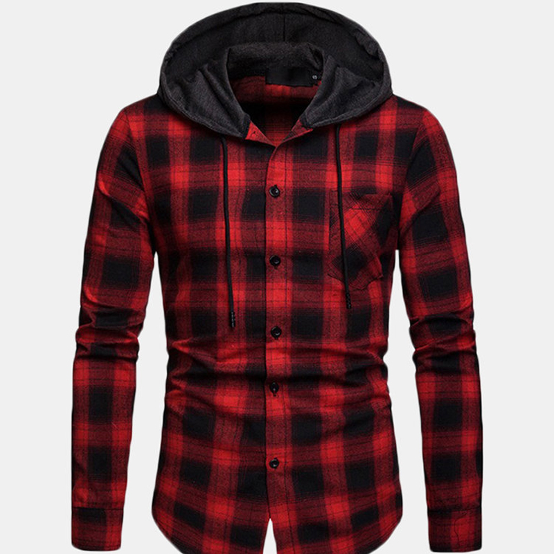 Mens Plaid Long Sleeve Drawstring Hoodie hoodie