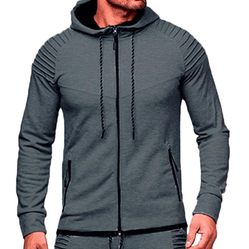 Mens Sports Shoulder Pleated Side Zipper Pockets Drawstring Hoodie hoodie