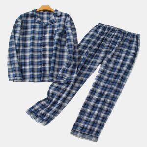 Men’s Thick Long Sleeve Sleepwear Lapel Collar Plaid Pajamas Sets