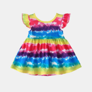 Girl’s Colorful Rainbow Striped Flying Sleeves Dress